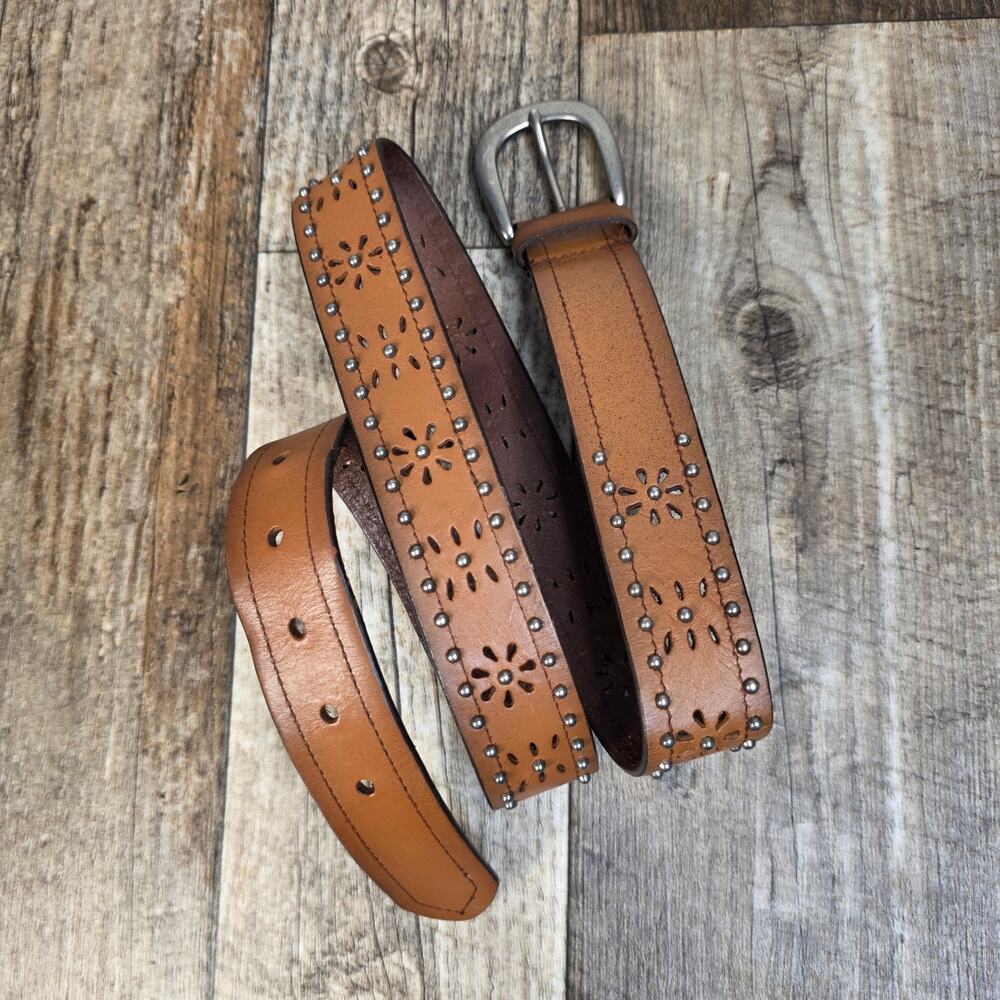 Vintage 90s Y2K Leather Belt Brown Studds Bobo Costal Cowgirl Size XL Floral
